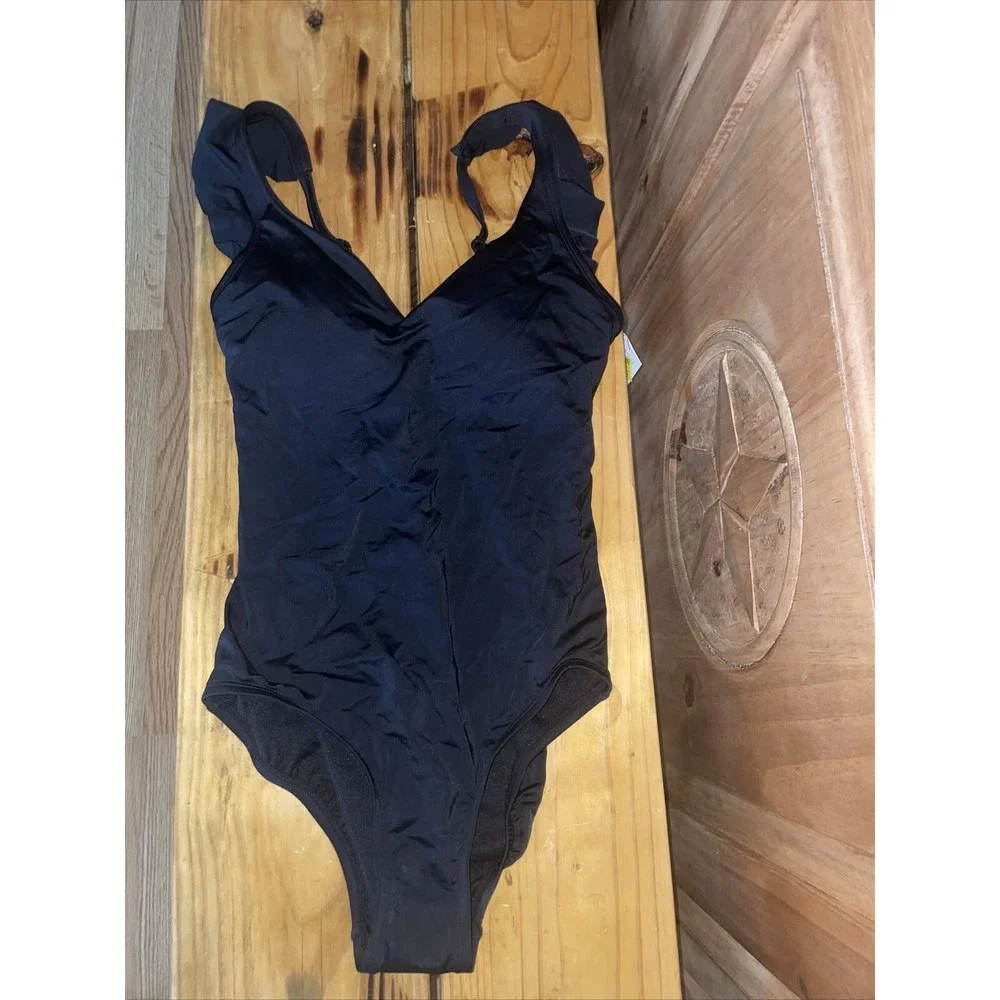 NWT Time and Tru Black Ruffle One Piece Fashion swimsuit bathing suit new pool
